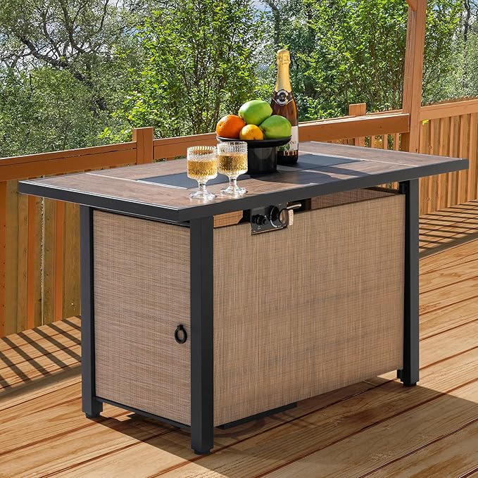 Nuu Garden 43" Propane Fire Pit Table, CSA-Listed Outdoor 50,000 BTU Gas with Lid and Glass Beads, 2-in-1 Rectangular for Outside Backyard Patio, Light Brown