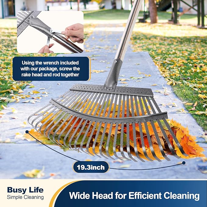 Yocada 19.3" Garden Leaf Rake Wide Heavy Duty Adjustable Long Handle Garden Rake for Yard Garden Lawn Leaves (25 Tines)