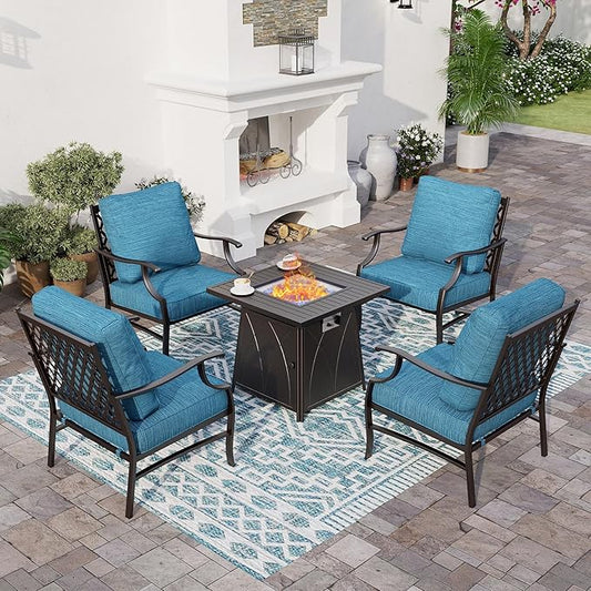 5 Piece Metal Outdoor Patio Furniture Set with Fire Pit Table, Patio Conversation Sets 4 Fixed Chairs with 5.75" Thick Cushion and 5000 BTU Fire Pit Table, Backyard Furniture, Blue-2