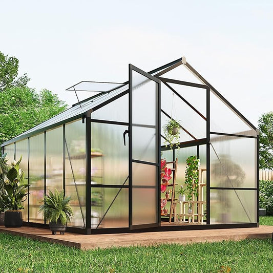 8×10 FT Greenhouse, Large Walk in Greenhouses for Outdoors and Garden Planting, Polycarbonate Greenhouse with Enhanced Aluminum Frame, Green Houses with Quick Setup Structure and Roof Vent, Black