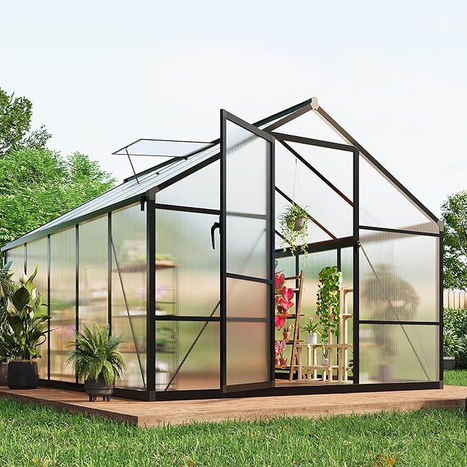 8×10 FT Greenhouse, Large Walk in Greenhouses for Outdoors and Garden Planting, Polycarbonate Greenhouse with Enhanced Aluminum Frame, Green Houses with Upgraded Floor Spikes and Roof Vent, Black