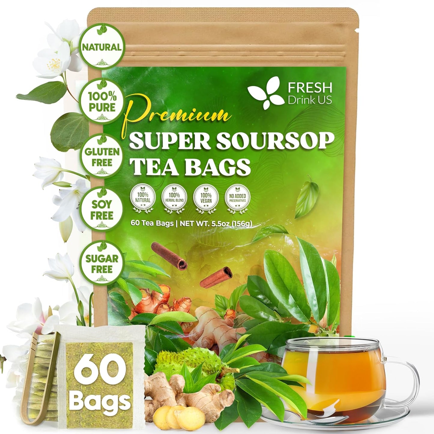 FreshDrinkUS, Super Soursop Herbal Tea – 60 Tea Bags | Soursop, Ginger, Turmeric, Lemongrass, Cinnamon, Black Pepper & Peppermint | Caffeine-Free, Natural Flavor, Plant-Based Blend | Sugar-Free