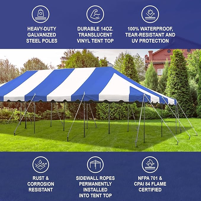 Party Tents Direct 20'x 40' Weekender Canopy Pole Tent with Sidewalls - Easy Up Canopy Tent with 160 Person Capacity - Outdoor Canopies for Parties, Weddings, and Events (Blue/White)