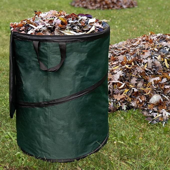 Wakeman Outdoor Trash Can - 46-Gallon Collapsible Garbage Can with 3 Stakes - Pop Up Trash Bin for Camping, Storage, or Yard Waste Outdoors (Green)