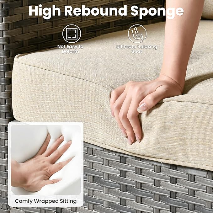 ovios Patio Furniture Set, 7 Pieces Outdoor Wicker Sofa Couch with 4 Chairs, Ottomans and Comfy Cushions, All Weather High Back Rattan Conversation Set, Beige