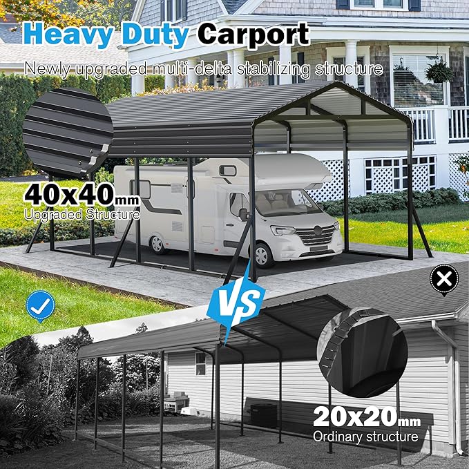 Carport Canopy 12’X20’ Heavy Duty Car Port Galvanized Steel Roof, Reinforced Stable Triangle Frame for Snowy Windy Metal Carports Enhanced Base Car Tent for Car,RV,Pickup,Boat,Truck,Tractor