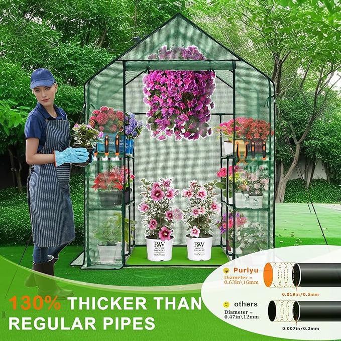 Walk-in Greenhouse w/ Roll-Up Zipper Door & Screen Windows-3 Tiers 12 Shelves 56x56x76“ PE Greenhouse for Outdoor Gardening Plants Cold Frost Protection Wind Rain Proof(PLGHW002G-N)