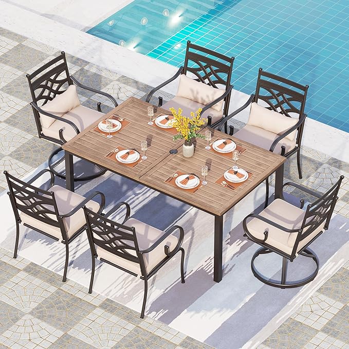 PHI VILLA 7 Pcs Patio Dining Set,Outdoor Table Chair Set for 6 with Outdoor Chairs and Metal Frame Steel Rectangular Table,Outdoor Dining Furniture with Cushion and Pillow for Garden Lawn Deck