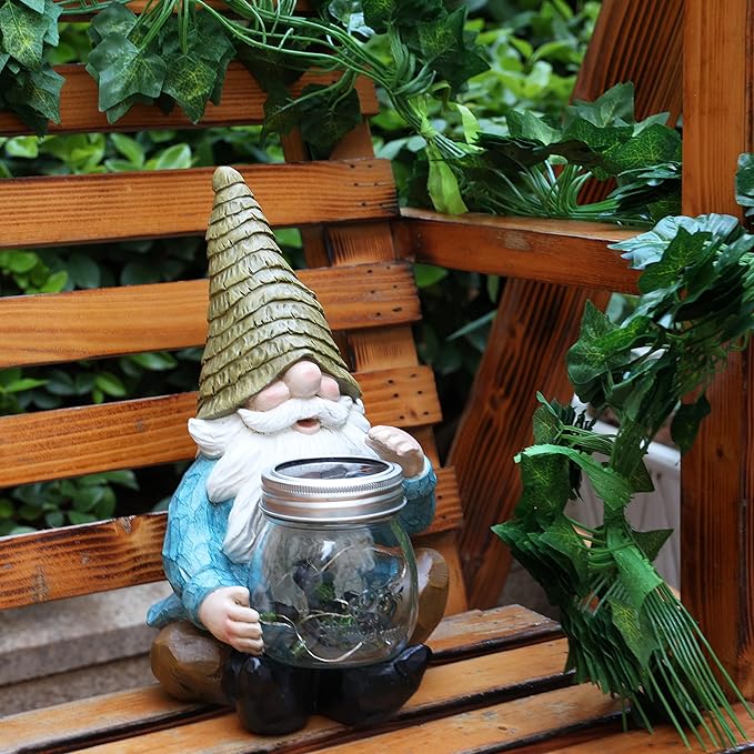 Solar Firefly Jar Gnome Waterproof- Halloween Large Garden Gnome Funny Solar Outdoor LED Lights Resin Statues 10.6" Lantern Figurines Decorations Birthday Gifts for Mom Women-Housewarming Gifts
