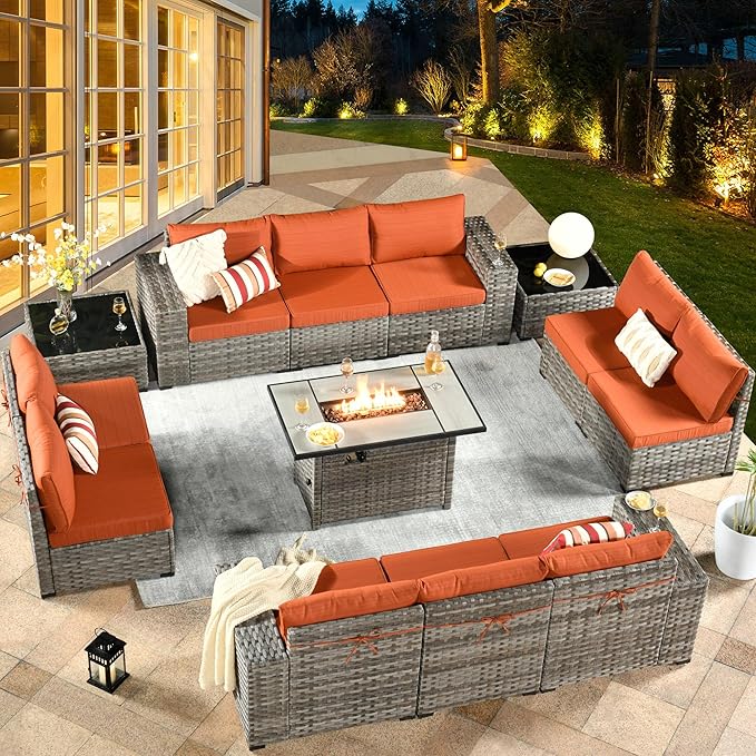 HOOOWOOO 13 Piece Modular Patio Outdoor Sectional Furniture Set with Gas Propane Fire Pit Table,Wicker Conversation Sofa Set,Out Door Couch Set with Wide Arm Outside(Orange Red)