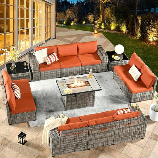HOOOWOOO 13 Piece Modular Patio Outdoor Sectional Furniture Set with Gas Propane Fire Pit Table,Wicker Conversation Sofa Set,Out Door Couch Set with Wide Arm Outside(Orange Red)