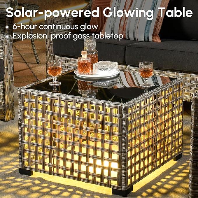 5 Pieces Patio Outdoor Furniture Set with Swivel Rocking Chairs,All Weather Wicker Rattan Patio Seating Sofa and Chair Set w/Glowing Table,Outdoor Conversation Sets for Deck Yard Garden,Black