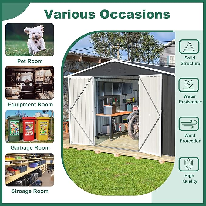 Outdoor Storage Shed, 10x12 FT Galvanized Steel Metal Shed, Lockable Waterproof Tool Storage Sheds for Garden, Patio, Lawn – Durable Storage Solution in Multiple Sizes