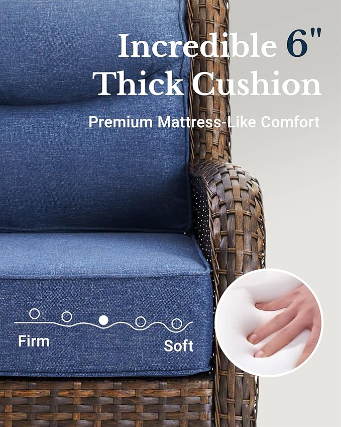 HILLGA Luxury High Back Patio Furniture Set with 6-Inch Thick Cushion, 6-Piece Outdoor Conversation Set with Sofa, Swivel Rocker Chairs & Ottomans, Ideal for Porch Pool Deck Yard (Blue)