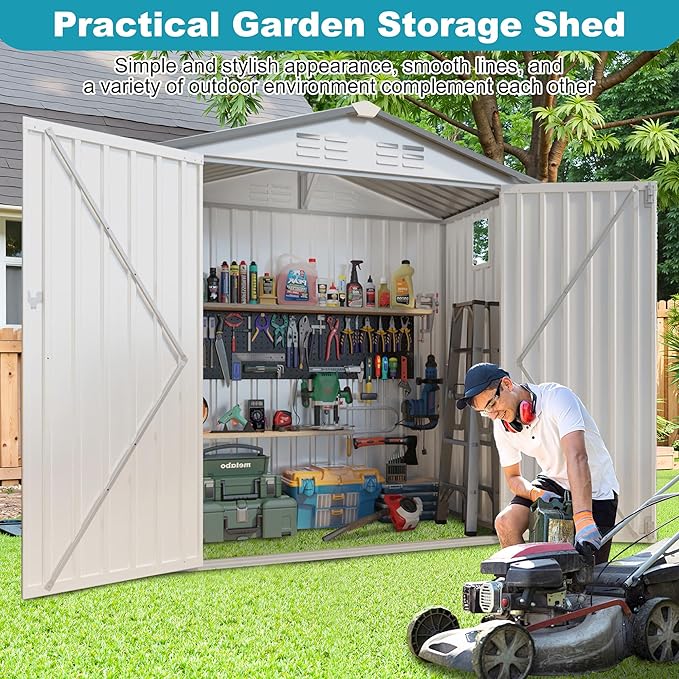 6x3.5 FT Outdoor Metal Storage Shed, Tool Shed with Peaked Roof and Lockable Door, Compact Garden Shed with Clear Window for Backyard Garden Patio Lawn, White+Gray