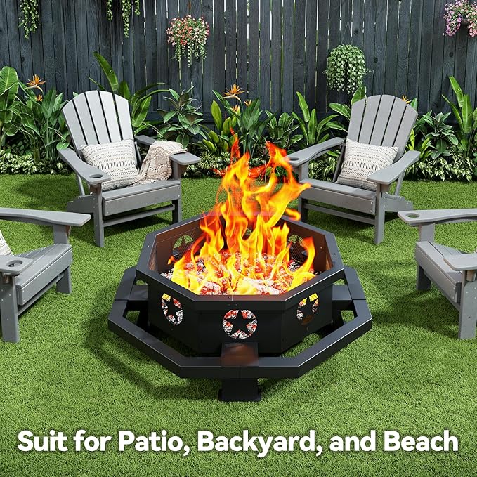 43 inch fire Pit for Outside Wood Burning, Outdoor Octagonal Fire Pit with Poker, Large Firepit for Camping, Backyard, Patio, Black