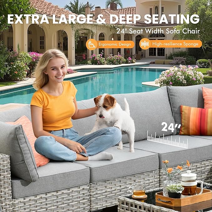 Outdoor Sectional Patio Furniture Set with Swivel Rocking Chairs and Glowing Table,8 Pieces Wicker Conversation Sets L Shaped Couch Out Door Sofa Outside Furniture for Garden Deck Yard Porch,Dark Grey