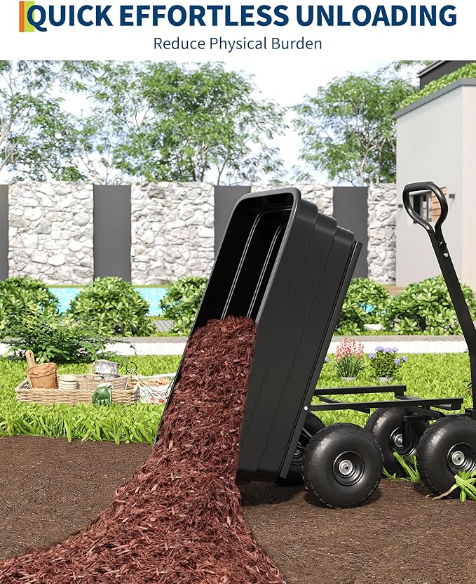 Poly Dump Cart - Heavy Duty 1200lbs Garden Cart with Quick-Release Dumping & No-Flat 13" Tires, Utility Wagon for Yard Work, Landscaping, Gardening