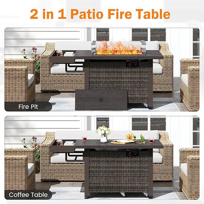 52 Inch Wicker Outdoor Fire Table, 50,000BTU Propane Fire Pit Table with Windshield, Side Basket, Rain Cover and CSA Certified, Patio Fire Pit for Garden, Backyard, Balcony, Poolside, Brown