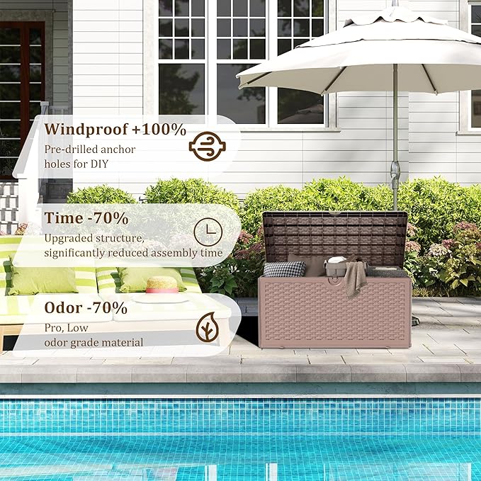 Upgrade 80 Gallon Waterproof Large Resin Deck Box Indoor/Outdoor Lockable Storage Container and Seating for Garden, Pool, and Patio (80 Pro Gallon, Brown)