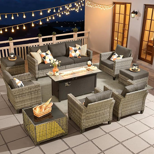 HOOOWOOO Outdoor Patio Furniture Set,9 Pieces Wicker Conversation Set,All Weather Couch Set with Fire Pit Solar Light Table Chairs Ottoman 9 Seaters for Out Door Yard(Black)