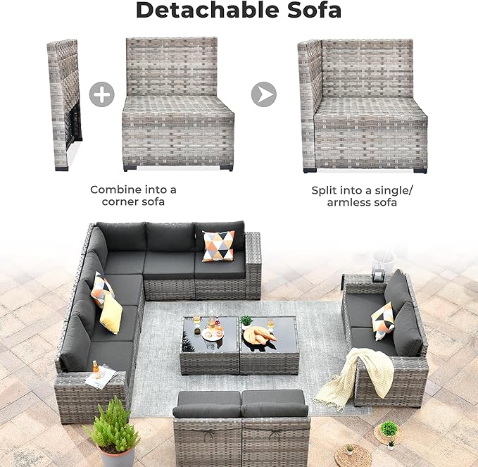 ovios 12 Pieces Patio Furniture Set, Outdoor Wicker Sectional Sofa with Glass Table Comfy Cushions, Modern Modular Deep Seat Couch Rattan Conversation Set, Black