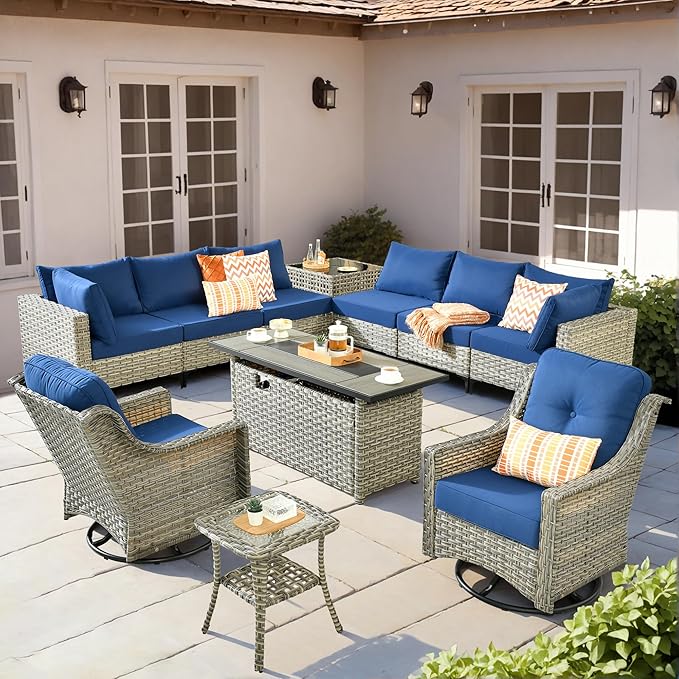 HOOOWOOO Outdoor Patio Furniture Set with Fire Pit Table,11 Pieces Wicker Out Door Sectional Furniture L Shaped Couch,Outside Patio Conversation Swivel Chair Sets,Navy Blue