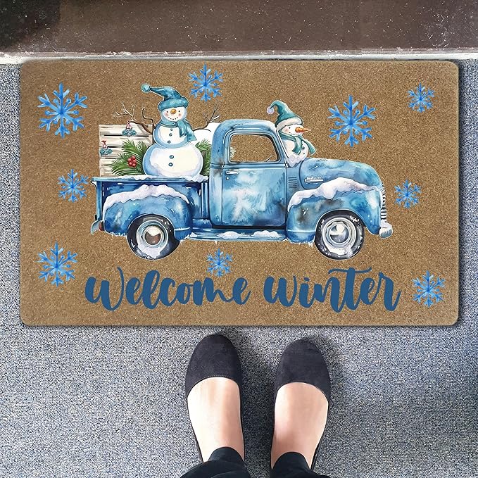 Winter Christmas Faux Coir Door Mats Outdoor, Winter Snowman Snowflake Door Mat for Home Outside Entryway, Blue Truck Christmas Welcome Doormat for Indoor Outdoor Porch Entrance, 17x30 Inch