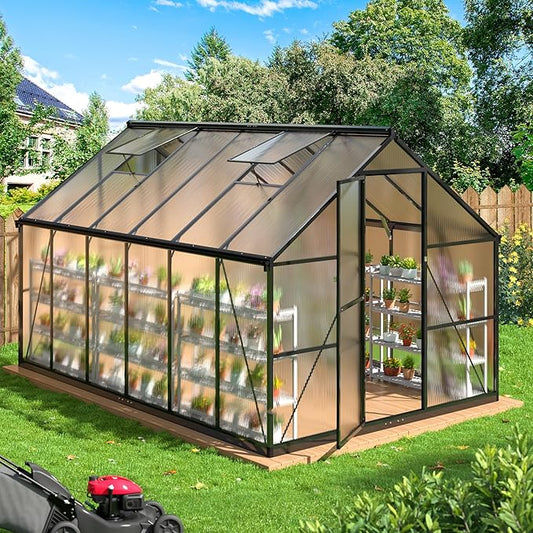 WKM 8x12 FT Greenhouse for Outdoors, Quick-fit Structure Green House with Window for Ventilation, Aluminum Greenhouse for Garden Backyard, Black