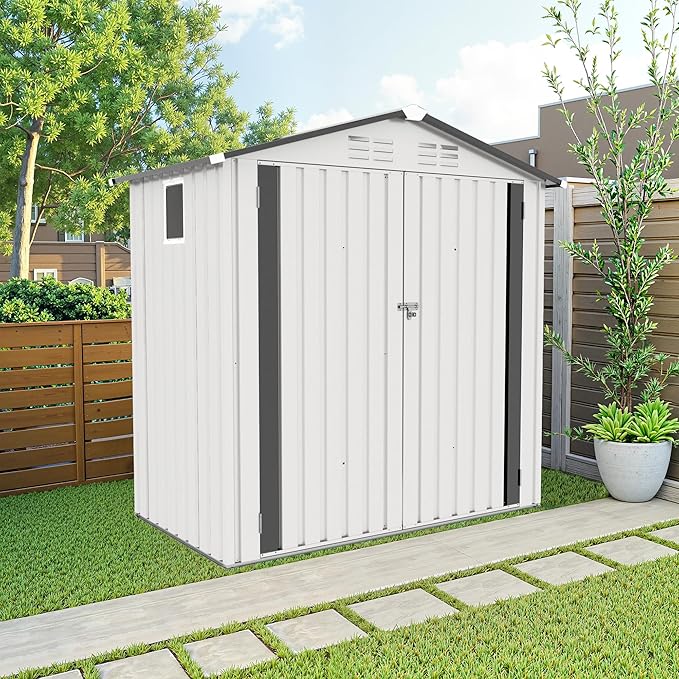 6x3.5 FT Outdoor Metal Storage Shed, Tool Shed with Peaked Roof and Lockable Door, Compact Garden Shed with Clear Window for Backyard Garden Patio Lawn, White+Gray