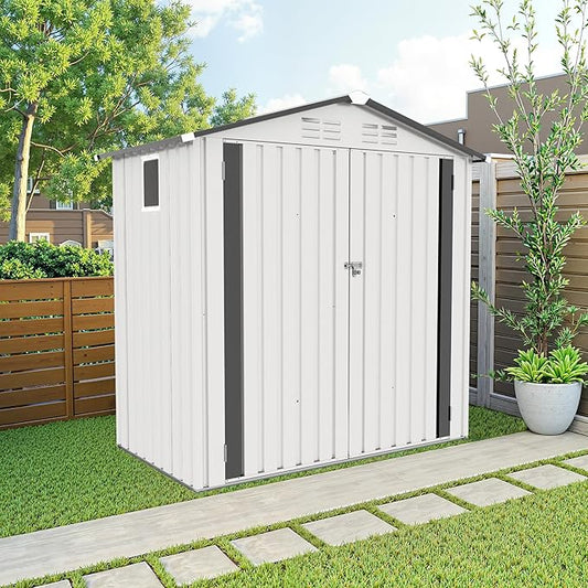 6x3.5 FT Outdoor Metal Storage Shed, Tool Shed with Peaked Roof and Lockable Door, Compact Garden Shed with Clear Window for Backyard Garden Patio Lawn, White+Gray