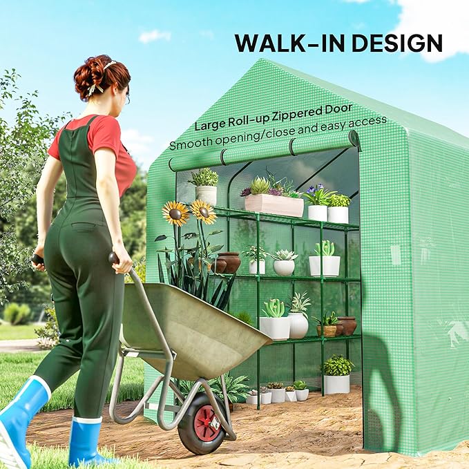 Outsunny 8' x 6' x 7' Walk-in Greenhouse, PE Cover, 4-Tier Shelves, Steel Frame Hot House, Roll-Up Zipper Door for Flowers, Vegetables, Saplings, Tropical Plants, Green