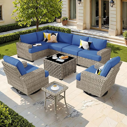 HOOOWOOO Outdoor Sectional Patio Furniture Set,9 Pieces Wicker Conversation Sets L Shaped Couch,Extra Deep Out Door Sofa Outside Furniture with Swivel Chairs,Denim Blue
