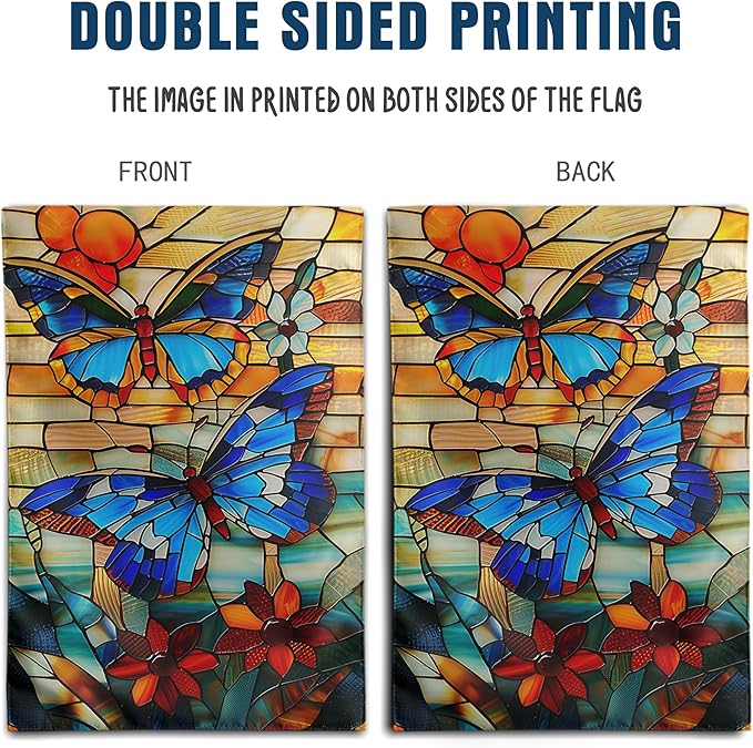 Stained Glass Butterfly Garden Flag Spring Summer Yard Flag Fall Floral Decorative Flags for Outside 12x18 Double Sided Small Seasonal Lawn Flags Rustic Outdoor Decor