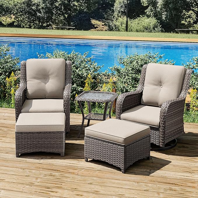 Joyside 5 Piece Outdoor Patio Furniture Set Wicker Conversation Bistro Set Swivel Rocking Chairs with Side Table and Ottomans for Backyard, Porch, Deck(Mixed Grey/Beige)