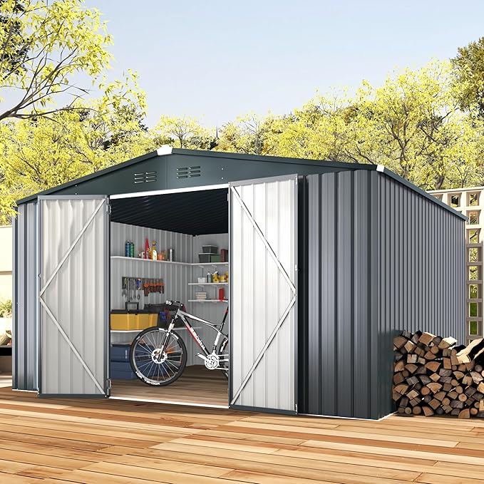 AECOJOY 12' x 10' Outdoor Storage Shed, Dark Grey Large 10x12 Sheds & Outdoor Storage Clearance with Lockable Doors, Utility and Tool Storage Garden Shed Backyard, Patio and Outside use