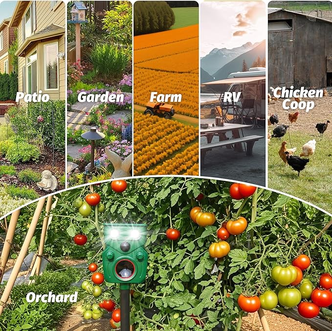 2 Packs Ultrasonic Animal Repeller Solar Powered, Cat Repellent Outdoor with Motion Sensor, Waterproof Deer Deterrent with LED Flash Light, Effective Repels Invasive Animal for Raccoon, Skunk, Dog