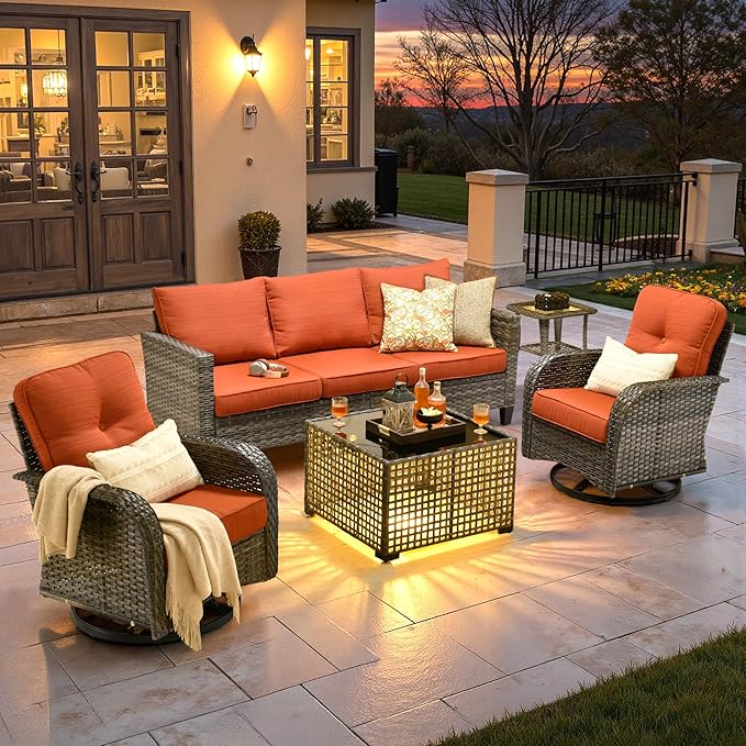 ovios 5 Pieces Patio Furniture Set, Outdoor Wicker Sofa Couch with Rocking Swivel Chairs Solar Lights Table, Modern Deep Seat Rattan Conversation Sets for Porch Deck, Orange Red