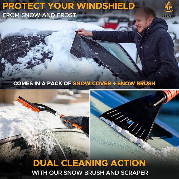 EcoNour Truck Windshield Cover for Ice and Snow (74"x43") | Snow Brush and Ice Scrapers for Car (1 Pack) with Scratch Free Bristle Head | Winter Car Kit for Pickup Trucks, Fullsize SUVs
