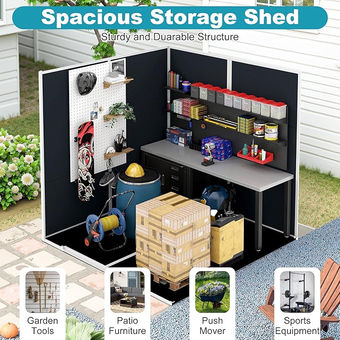 6x6 FT Plastic Outdoor Storage Shed, Resin Plastic Tool Shed with Lockable Doors & Peaked Roof, Garden Shed with Side Window & Floor, for Backyard Garden Patio Lawn, Dark Gray