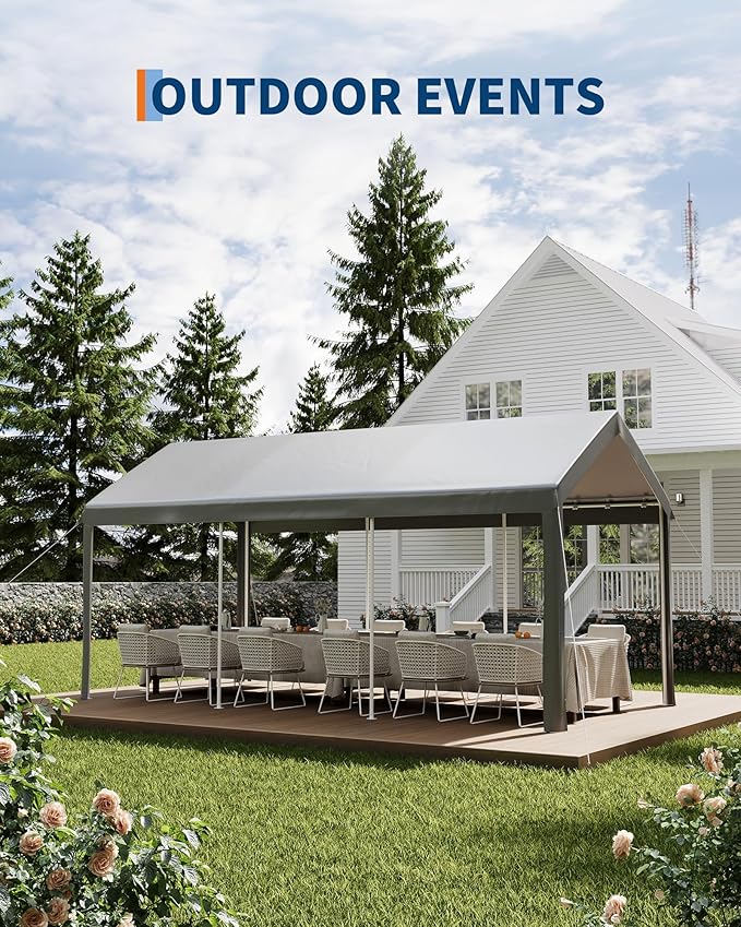 10x20ft Metal Carport Garage with PE Fabric and Galvanized Steel Frame Leg Wrap Carport for Outdoor Shelter for Cars, Trucks and Boats - Gray