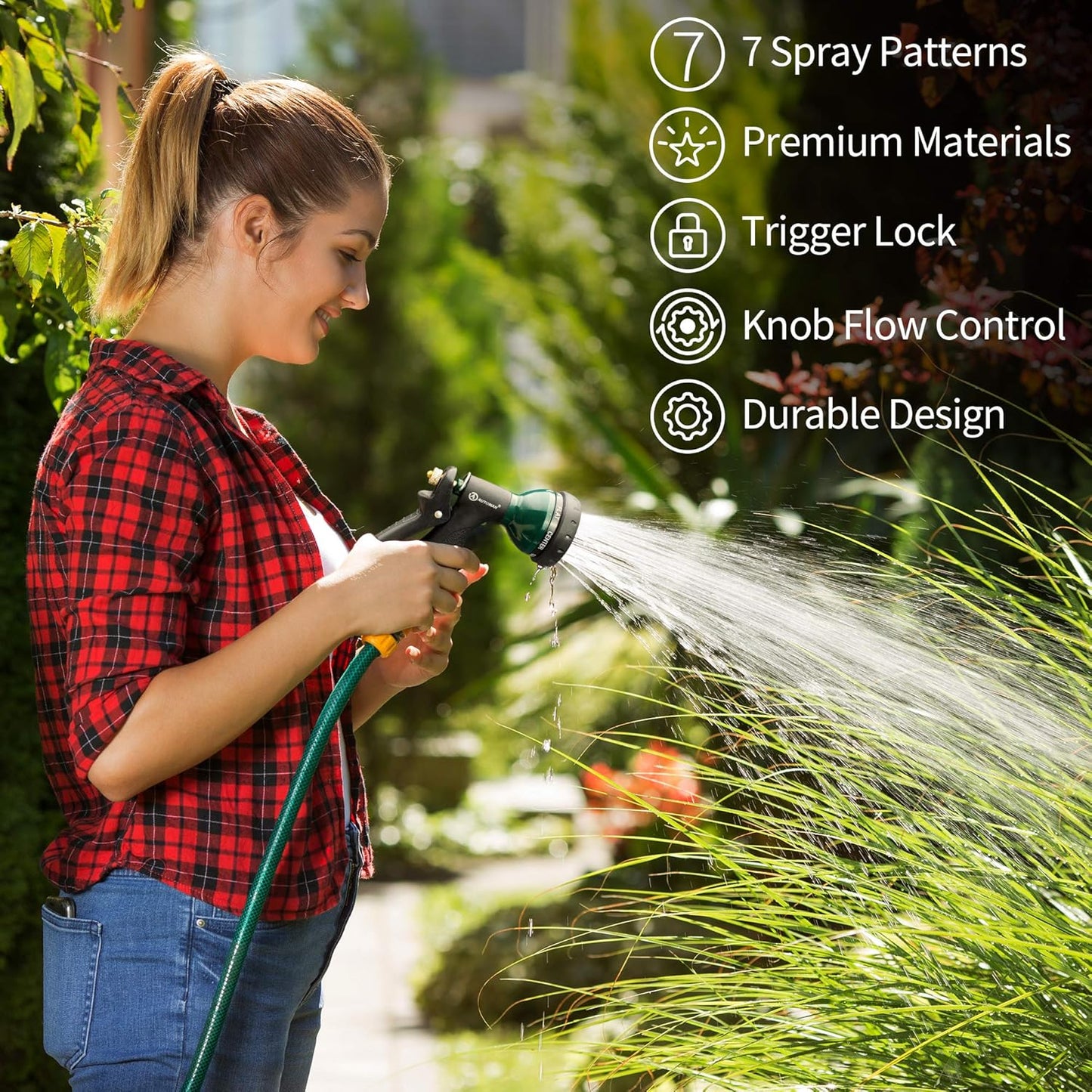 AUTOMAN-Garden-Hose-Nozzle, Metal Water Spray Nozzle with Heavy Duty 7 Adjustable Watering Patterns,Slip Resistant for Watering Plants,Lawn& Garden,Washing Cars,Cleaning,Showering Pets & Outdoor Fun.