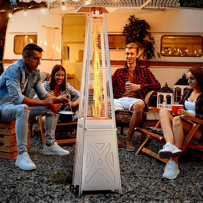Stainless Steel 42000 BTU Outdoor Patio Gas Heater, Flame Glass Tube Fire Tower with Wheels & Beverage Rack, Safe Portable Heater for Patio Use