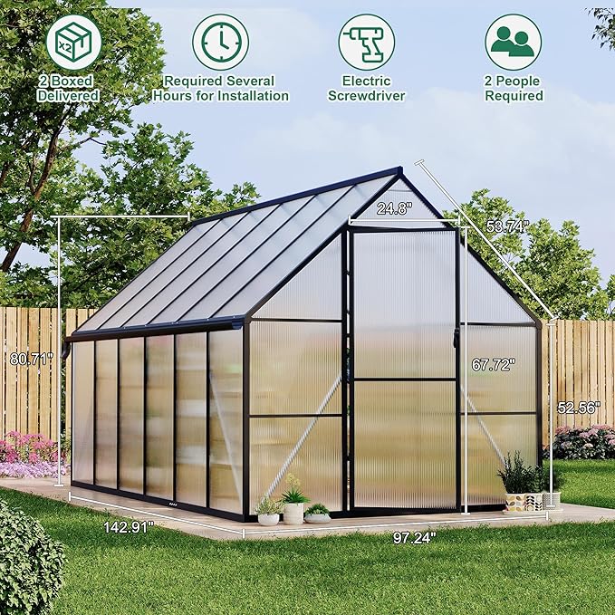 Aluminum Polycarbonate Greenhouse for Outdoors, Large Walk-InGreenhouse with Quick Setup Structure and Roof Vent, Greenhouse with Ventilation and Rain Gutter