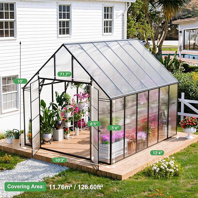 CDCASA 12.4x10.2x10 FT Greenhouse for Outdoors,Easy Assembly Large Polycarbonate Greenhouse Aluminum Heavy Duty Greenhouses w/2 Vents, Swing Door, Walk-in Green House for Patio, Backyard, Garden