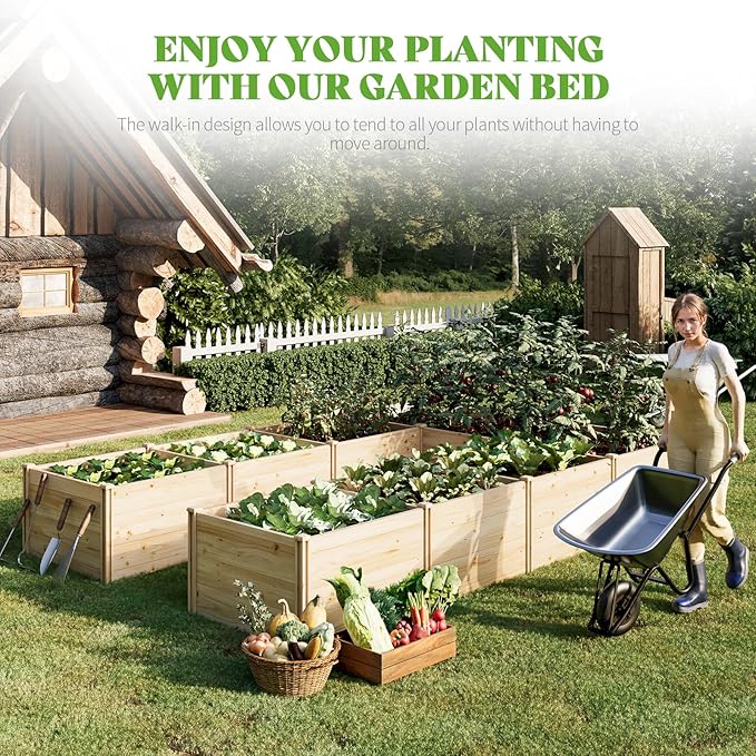 PaPaJet Wooden Raised Garden Bed for Outdoor, Nine Grid Deep Large Planter Box for Gardening, Vegetables, Flowers, Herbs（7.5× 11.9× 1.6FT）