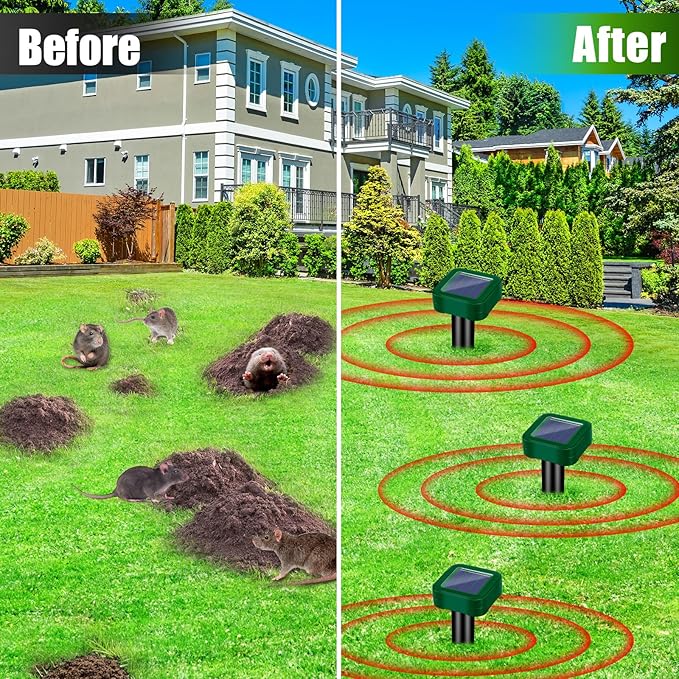 8Pack Mole Repellent Solar Powered, Waterproof Ultrasonic Mole Repellent Stakes Outdoor to Deterrent Gopher, Chipmunk, Squirrel, Vole, Snake, Armadillo, Groundhog Out of Lawn & Garden