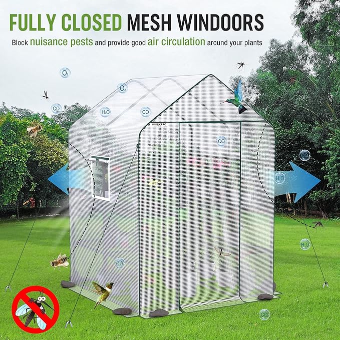WORKPRO Greenhouse, 56” x 56” x 77” Heavy Duty Walk in Greenhouses for Outdoors with Screen Windows, Thicken PE Cover, 3 Tier 8 Shelves Portable Green House Kit for Patio, Backyard and Porch