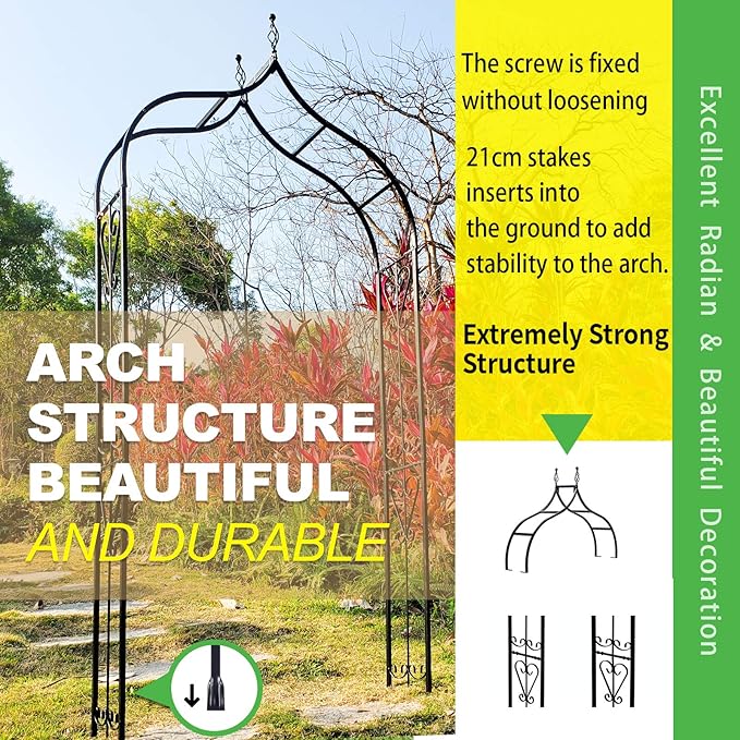 Garden Arch Trellis 14.2" L x 46.5" W x 98.4" H, Black Iron Arbor, Courtyard Arbor Trellis for Various Climbing Plants Rose, Outdoor Archway Wedding Ceremony Party