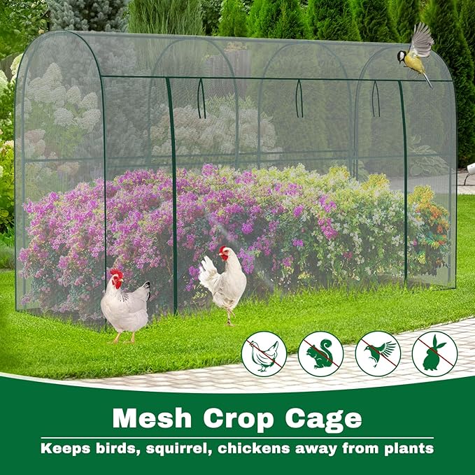 Crop Cages for Garden Plant, 9.8x3.3x6 Ft Plant Protection Netting Tent with Zippered Door, Raised Bed Cover, Garden Bed Cover with Frame, Wind-Resistant Plant Cages for Outdoor Plants